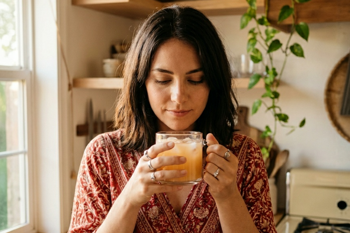 Woman holding a glass of iced Clear Rise drink in a sunlit kitchen, enjoying a quiet and intentional morning moment.