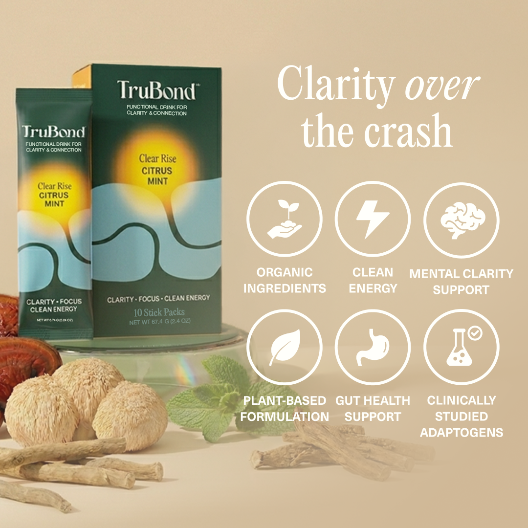 TruBond functional drink mix packaging with health benefits on a beige background