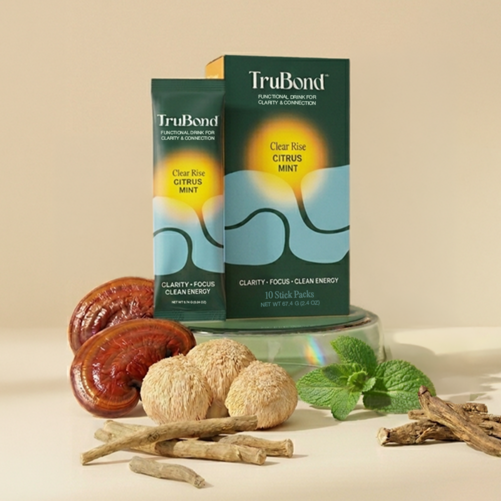 TruBond Clear Rise Citrus Mint drink package with natural ingredients on a beige background