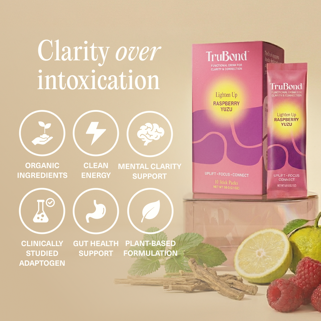 TruBend Raspberry Yuzu functional drink packaging with health benefits listed on a beige background
