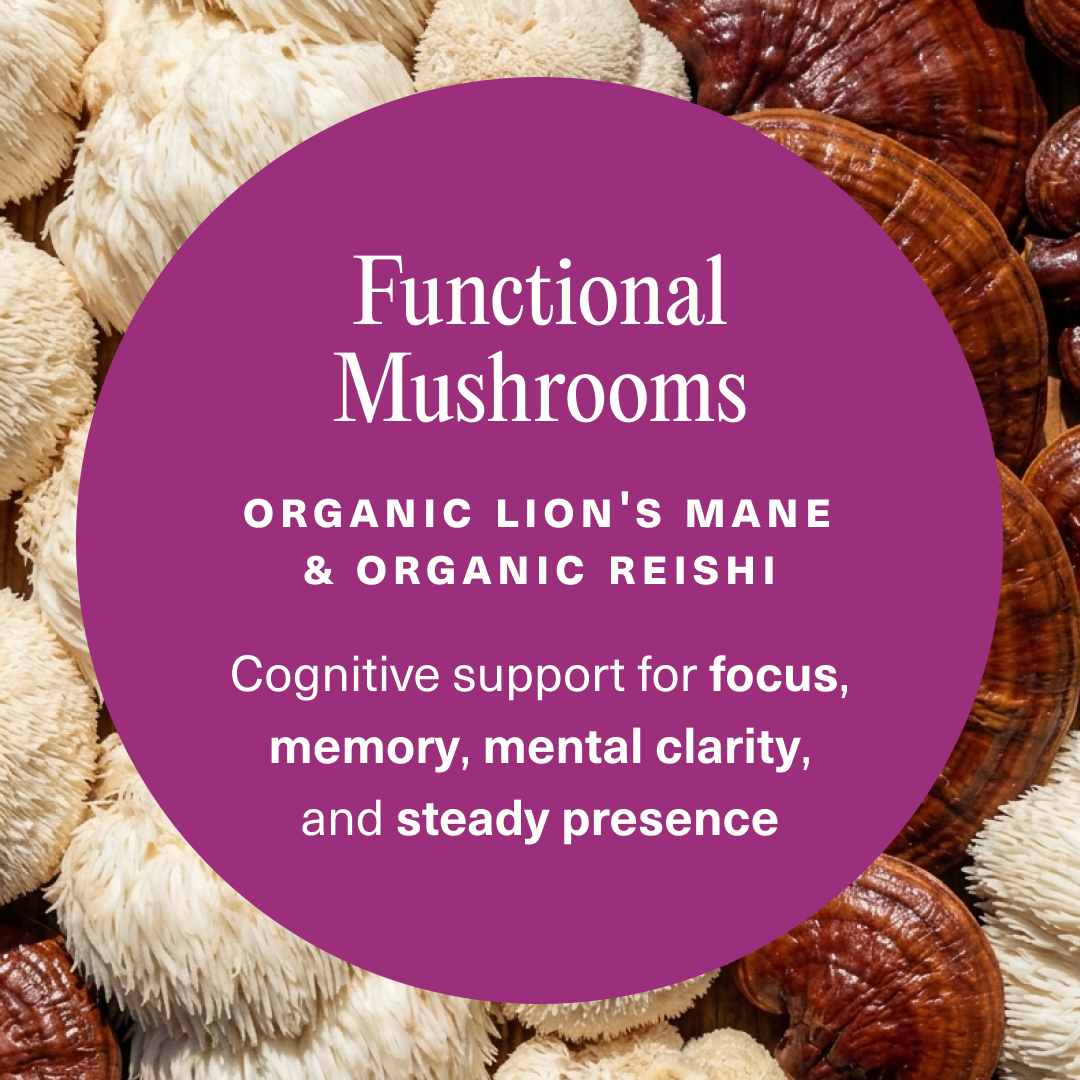 TruBond Lighten Up ingredient Mushroom substrate with text about functional mushrooms, organic lion's mane and organic reishi and their benefits