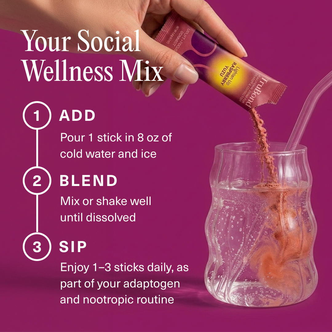 Hand pouring a TruBond Lighten Up stick pack into a glass with text on a purple background describing how to use