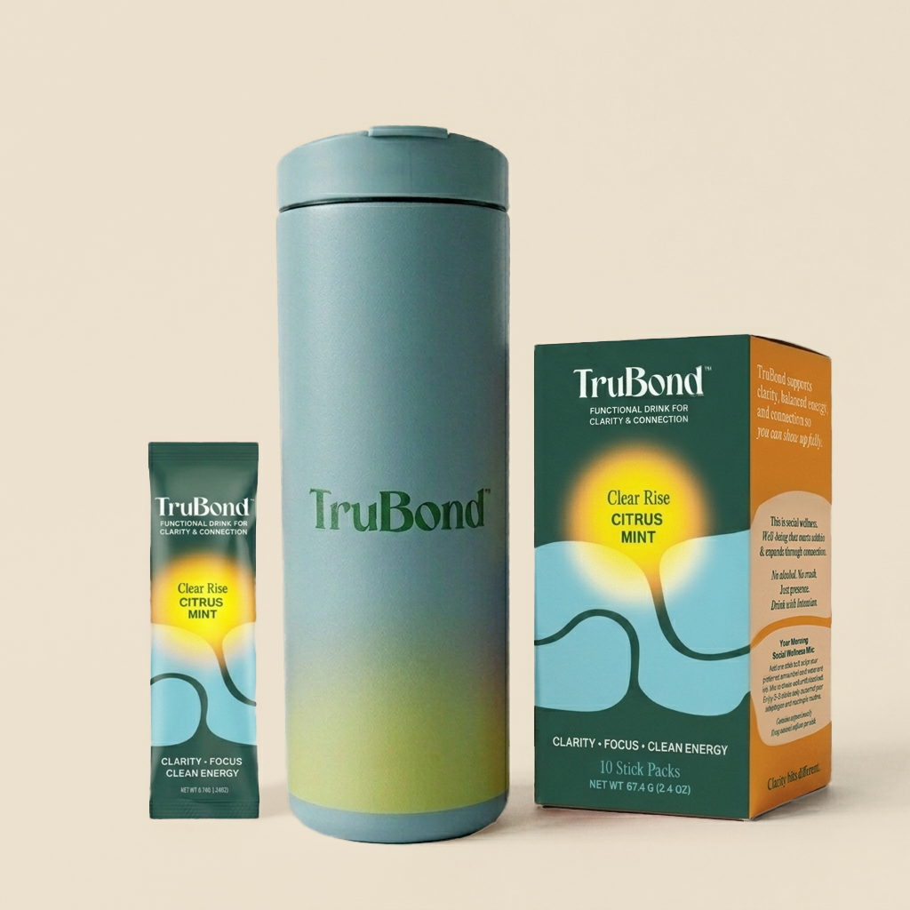 TruBond product packaging including a tall Miir Flip traveler bottle, small green Clear rise pouch, and Clear Rise box on a beige background